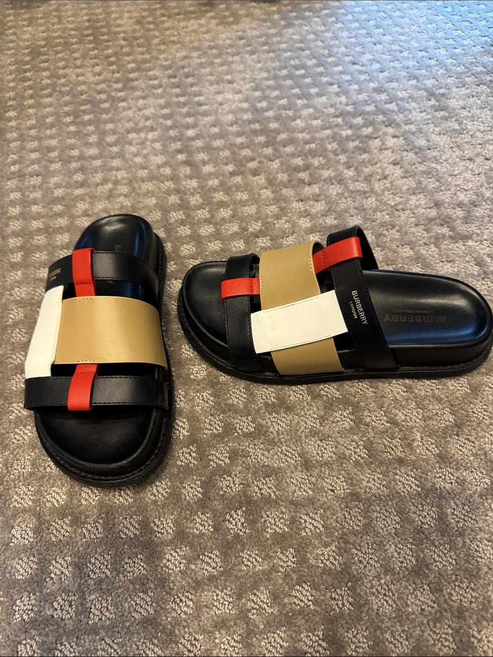 Burberry Black Leather Mules with Tan, White & Red Straps